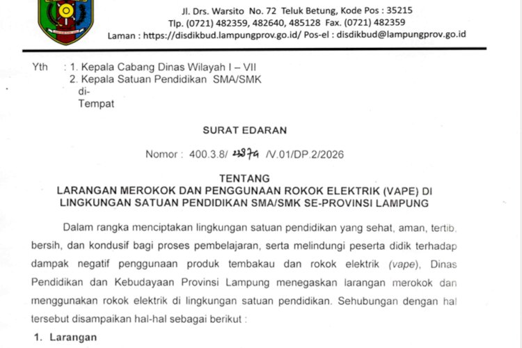 Disdikbud Lampung Terbitkan Larangan Rokok dan Vape di Seluruh SMA/SMK