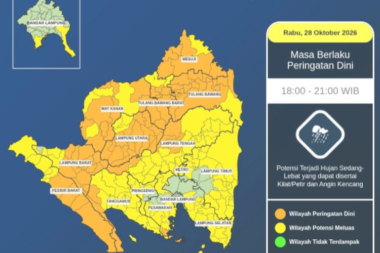 BMKG: Hujan Lebat Disertai Petir Berpotensi Landa Seluruh Wilayah Lampung Malam Ini