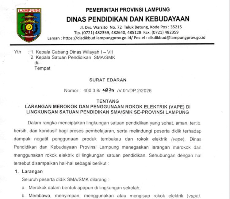 Disdikbud Lampung Terbitkan Larangan Rokok dan Vape di Seluruh SMA/SMK