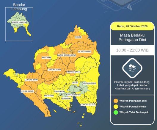 BMKG: Hujan Lebat Disertai Petir Berpotensi Landa Seluruh Wilayah Lampung Malam Ini